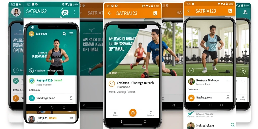 Screenshot aplikasi SATRIA123 menampilkan antarmuka latihan olahraga di rumah.